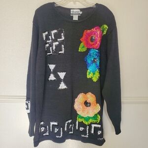 Vintage Marnie West Sweater Size M Black Sequin Beaded Floral Ramie Cotton 